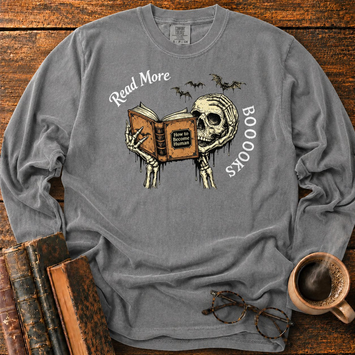 Skeleton Reader With An Open Book LS T-Shirt in Pepper – BooksThreads