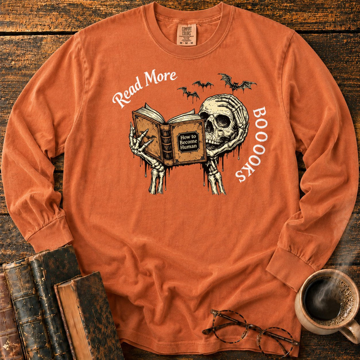 Skeleton Reader With An Open Book LS T-Shirt in Yam – BooksThreads