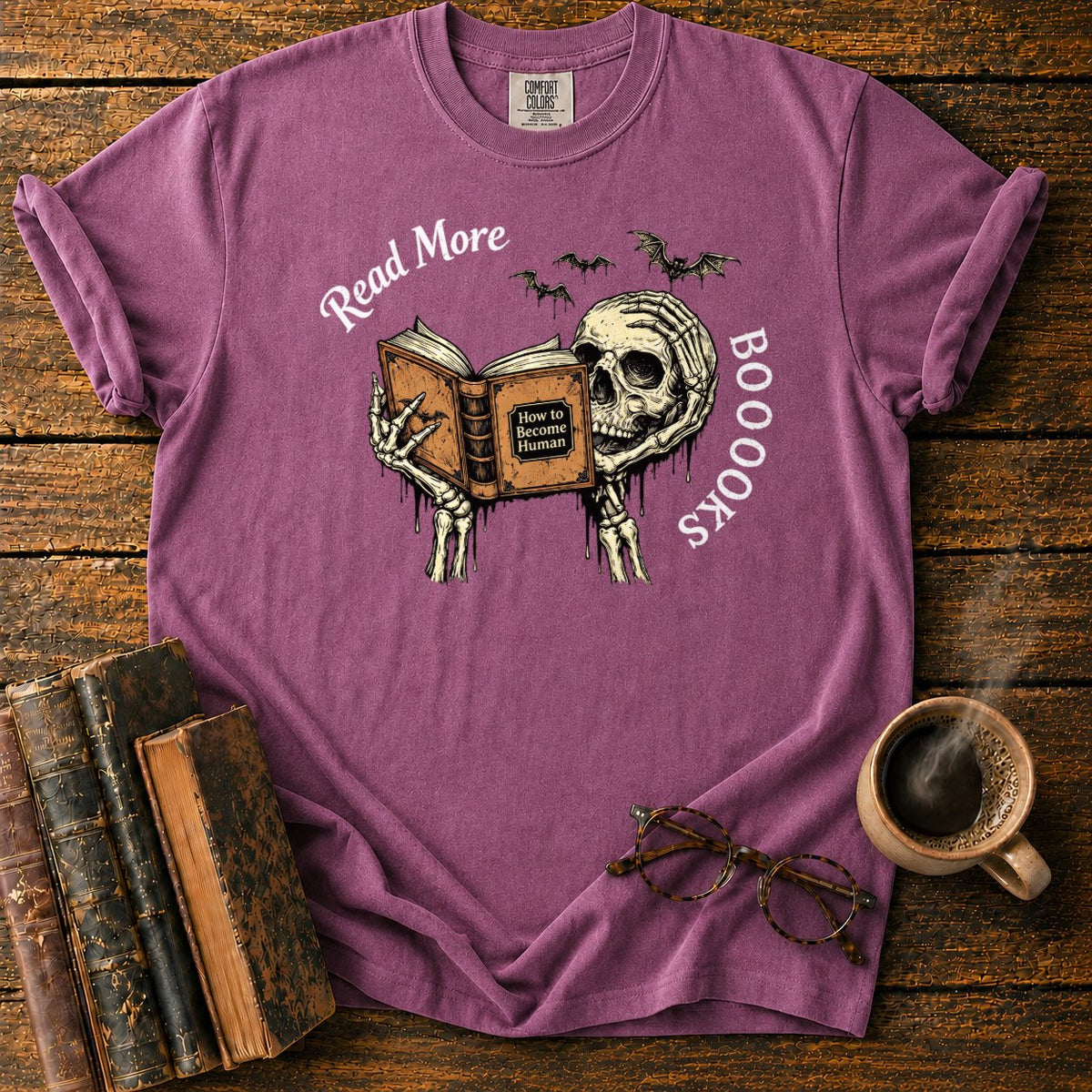 Skeleton Reader With An Open Book T-Shirt in Berry – BooksThreads