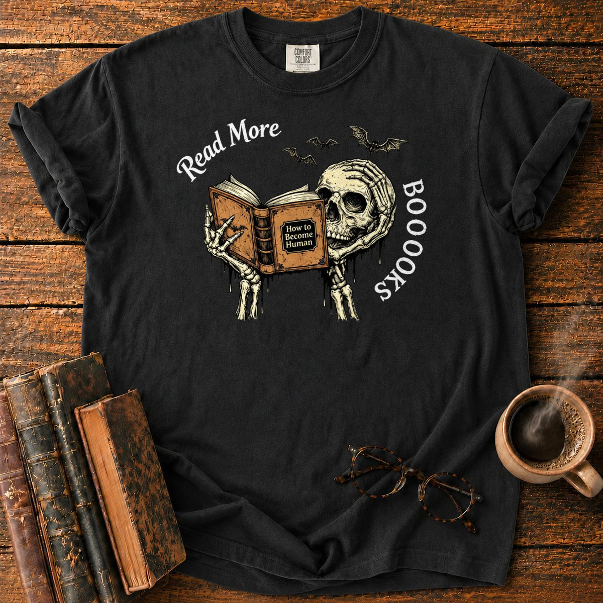 Skeleton Reader With An Open Book T-Shirt in Black – BooksThreads