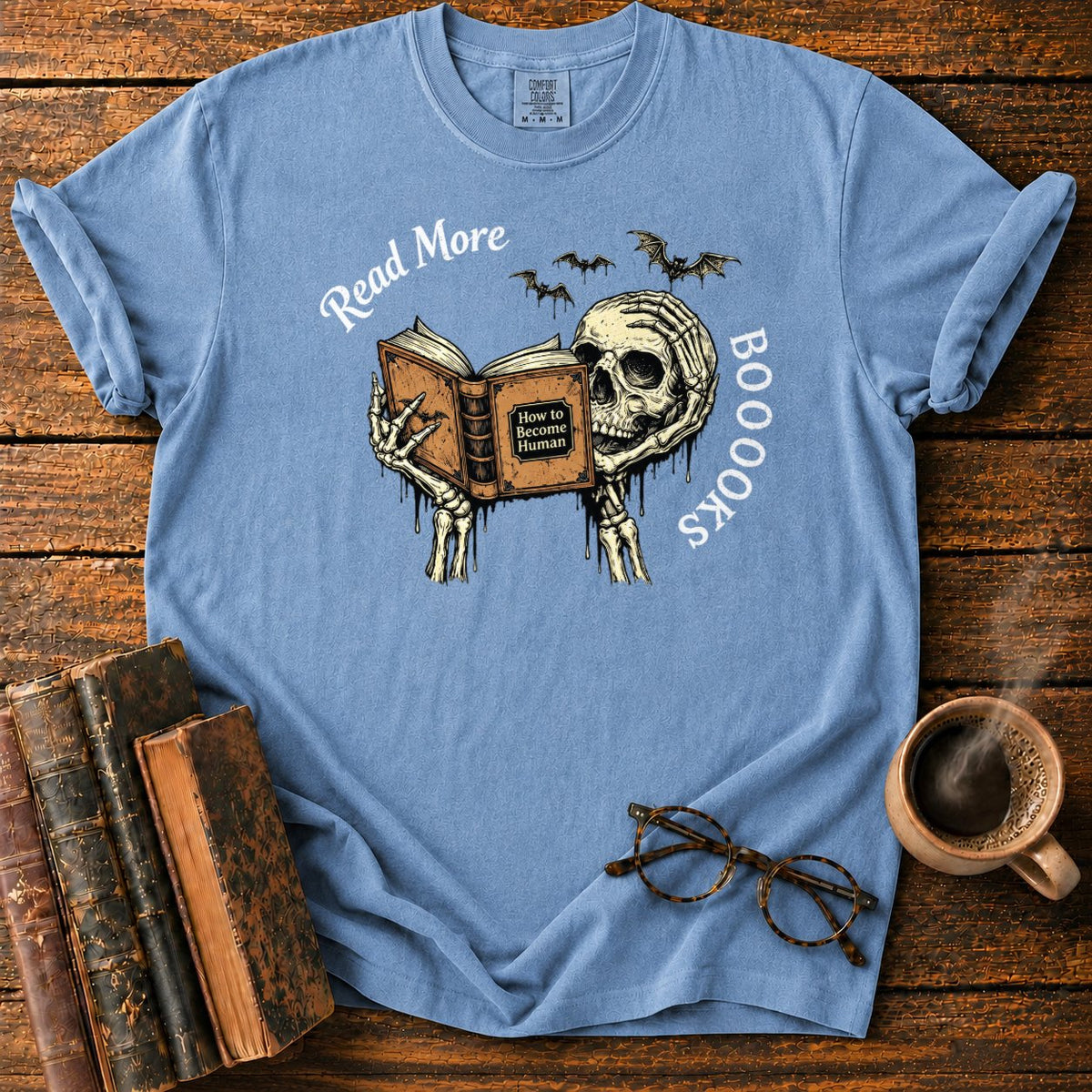 Skeleton Reader With An Open Book T-Shirt in Blue Jean – BooksThreads
