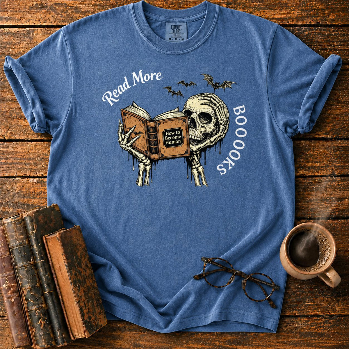 Skeleton Reader With An Open Book T-Shirt in Denim – BooksThreads