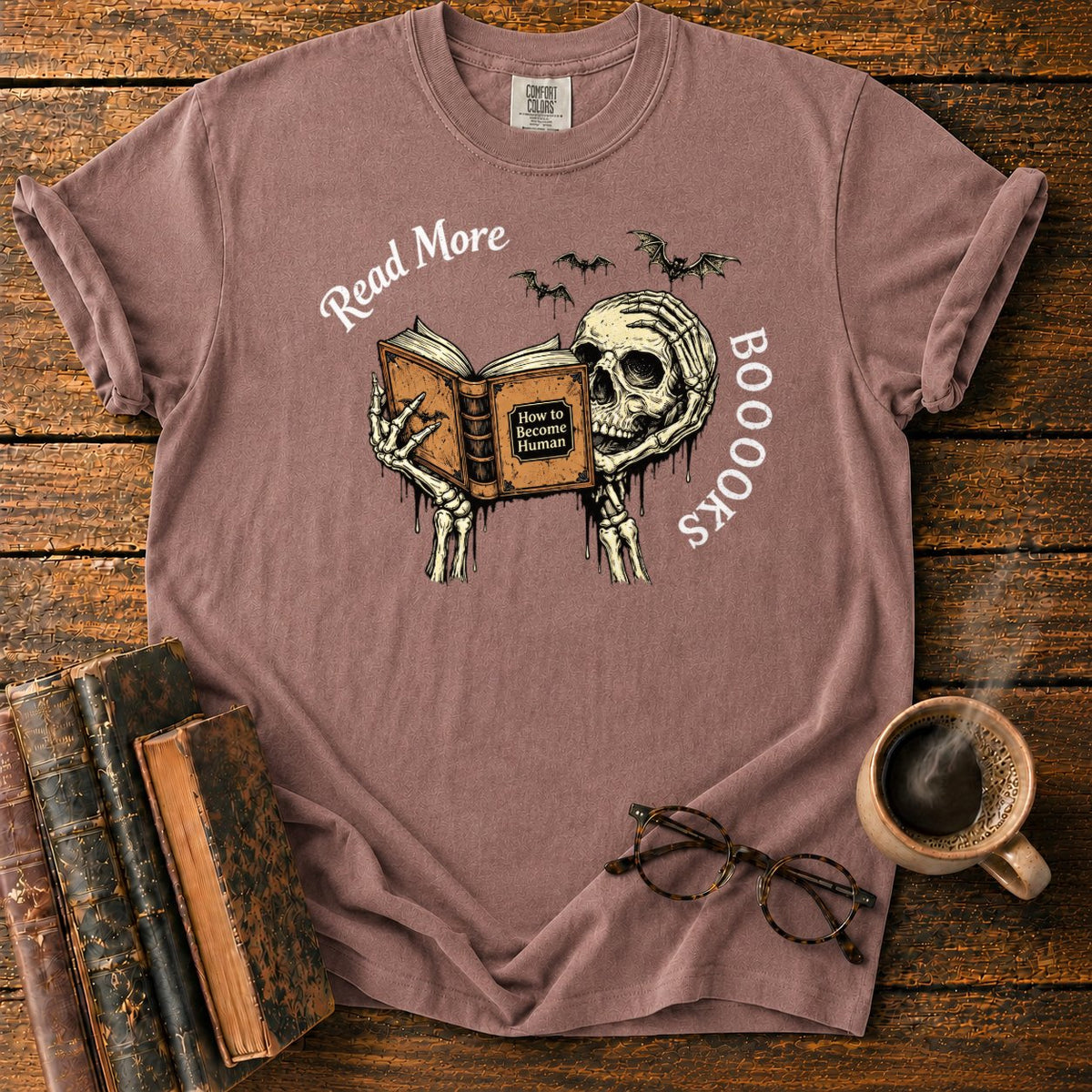Skeleton Reader With An Open Book T-Shirt in Espresso – BooksThreads