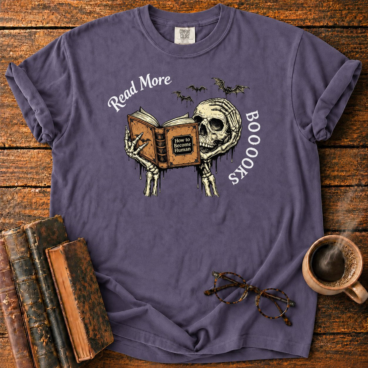 Skeleton Reader With An Open Book T-Shirt in Grape – BooksThreads