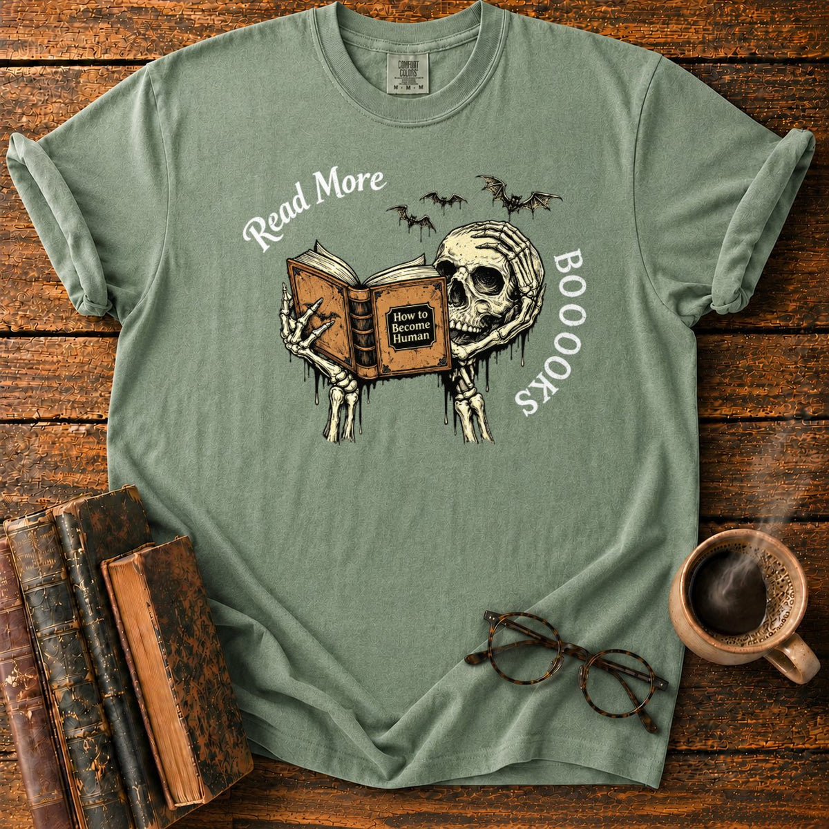Skeleton Reader With An Open Book T-Shirt in Moss – BooksThreads