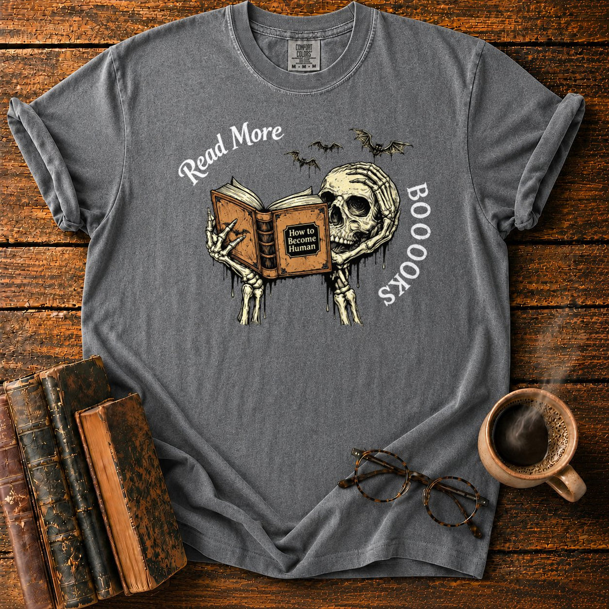 Skeleton Reader With An Open Book T-Shirt in Pepper – BooksThreads