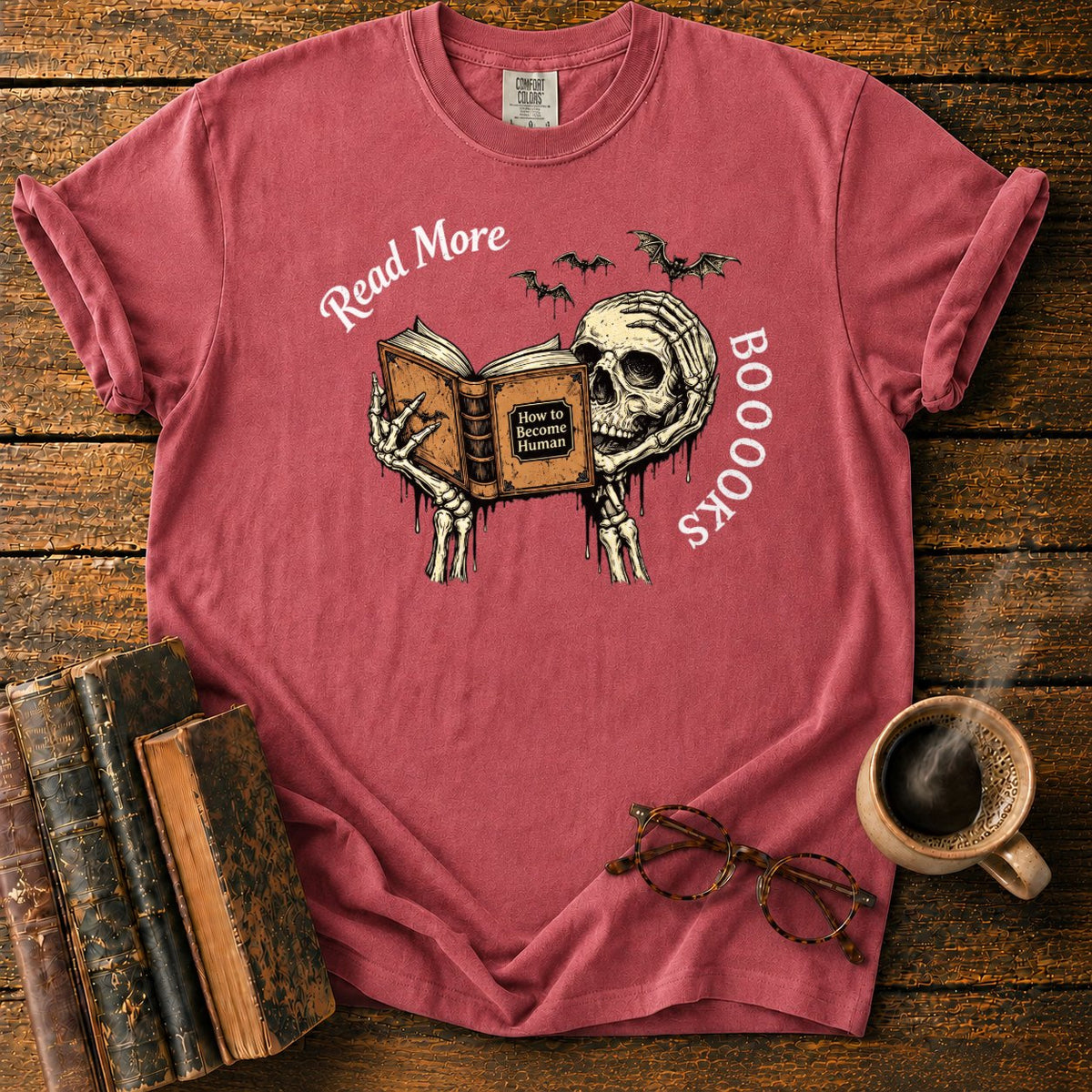 Skeleton Reader With An Open Book T-Shirt in Watermelon – BooksThreads