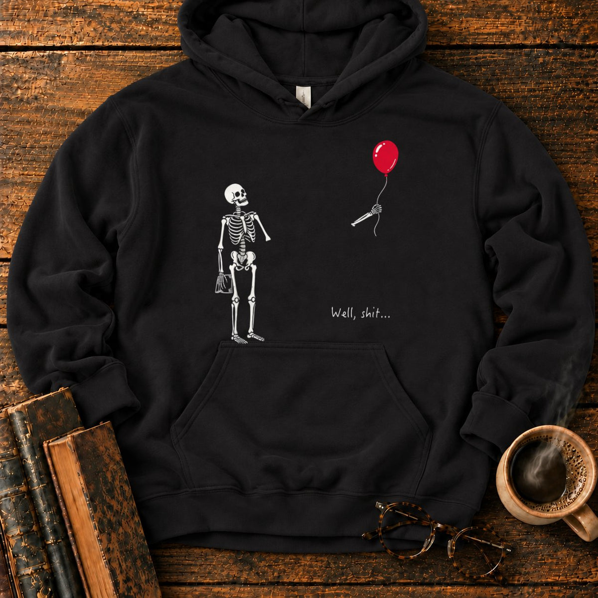 Skeleton With Book And Red Balloon Hoodie in Black – BooksThreads
