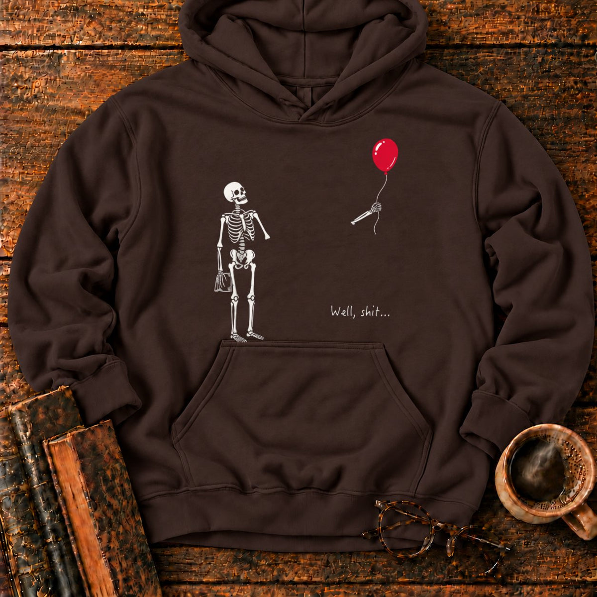 Skeleton With Book And Red Balloon Hoodie in Dark Chocolate – BooksThreads