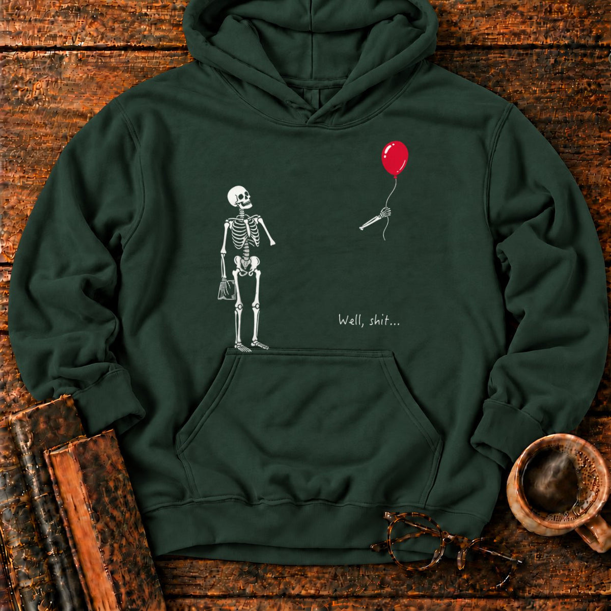 Skeleton With Book And Red Balloon Hoodie in Forest Green – BooksThreads