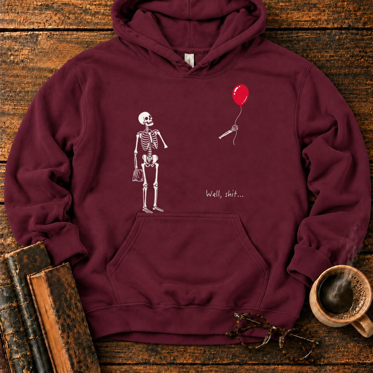 Skeleton With Book And Red Balloon Hoodie in Maroon – BooksThreads