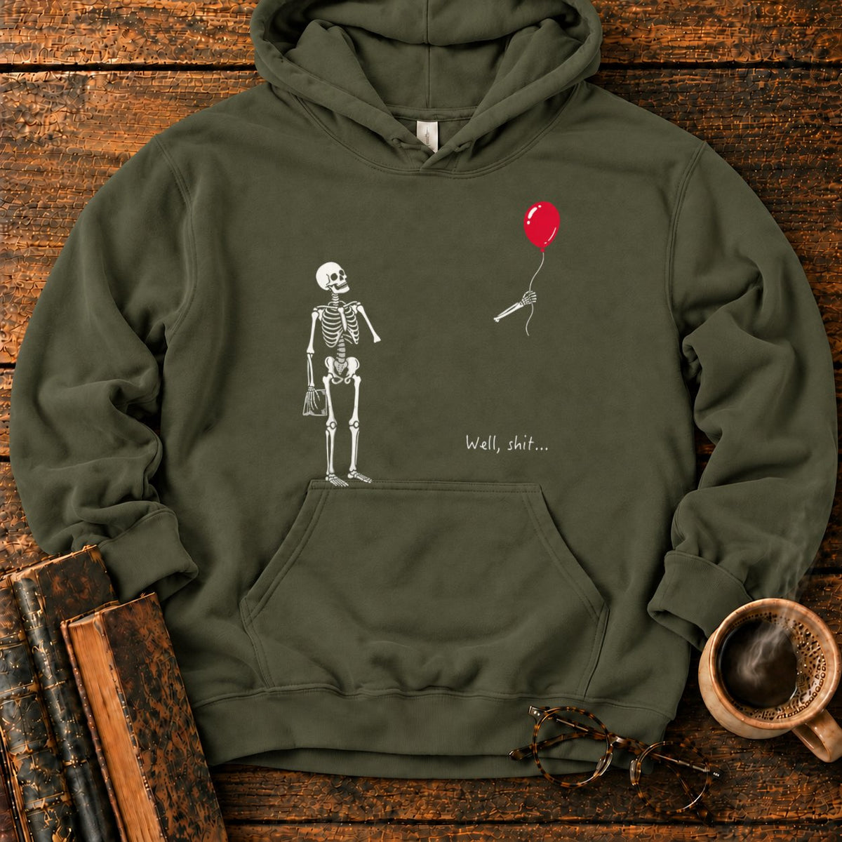 Skeleton With Book And Red Balloon Hoodie in Military Green – BooksThreads