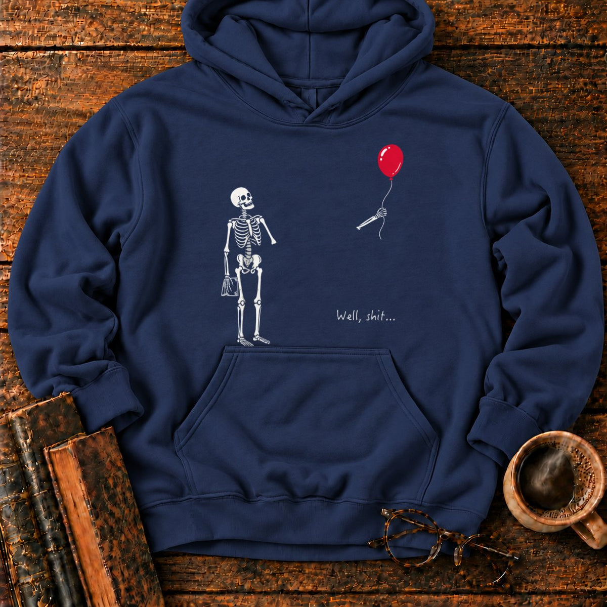 Skeleton With Book And Red Balloon Hoodie in Navy – BooksThreads