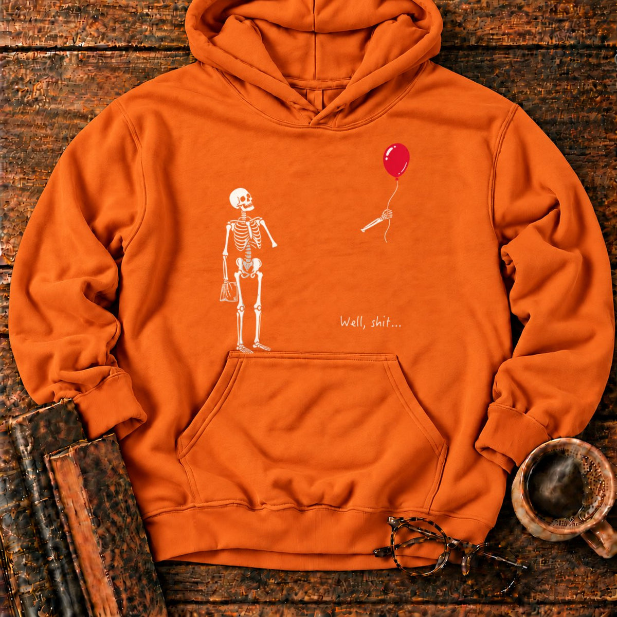 Skeleton With Book And Red Balloon Hoodie in Orange – BooksThreads