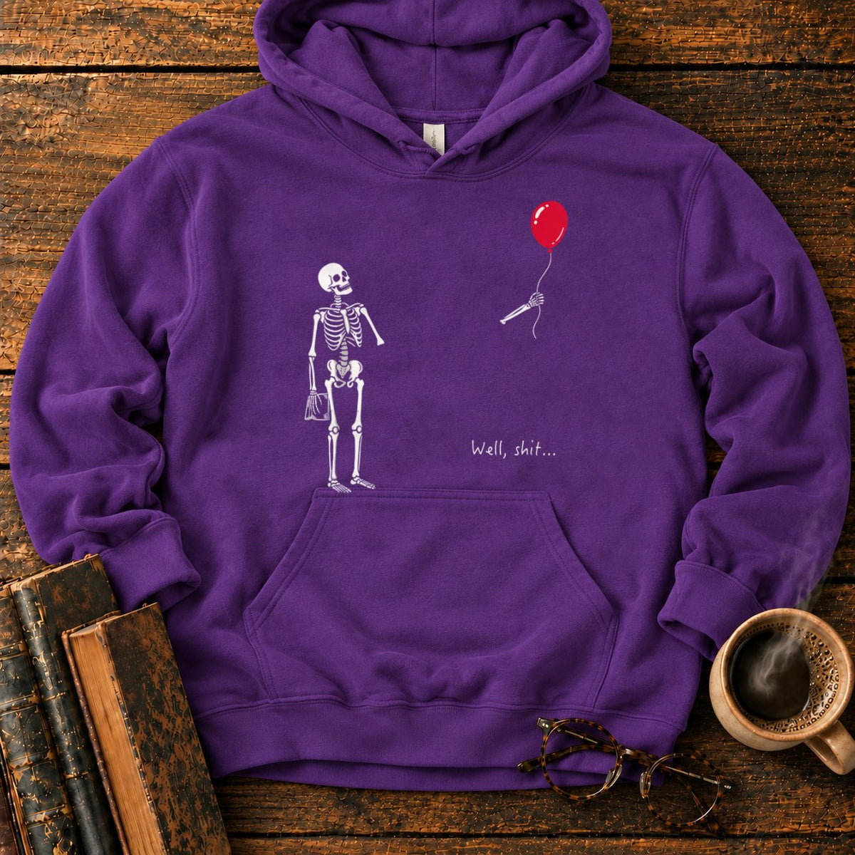 Skeleton With Book And Red Balloon Hoodie in Purple – BooksThreads