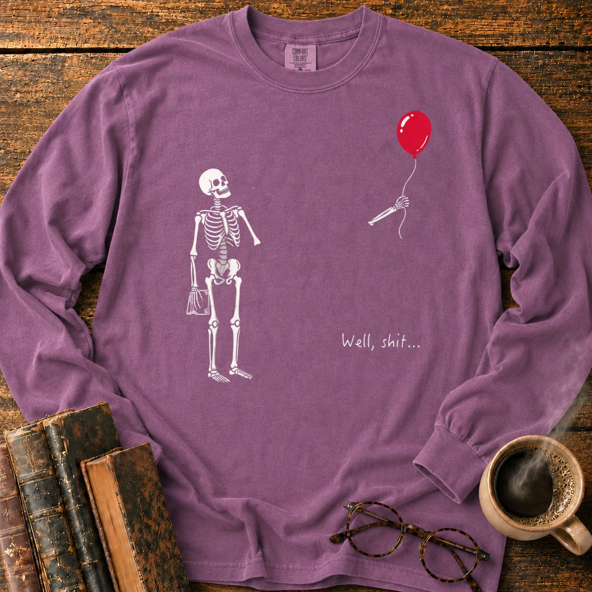 Skeleton With Book And Red Balloon LS T-Shirt in Berry – BooksThreads