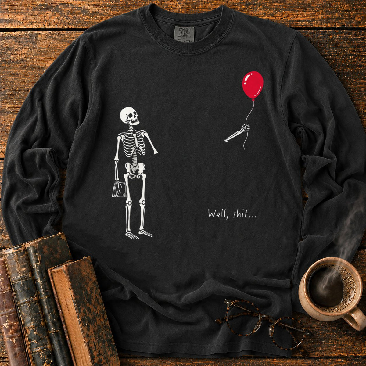 Skeleton With Book And Red Balloon LS T-Shirt in Black – BooksThreads