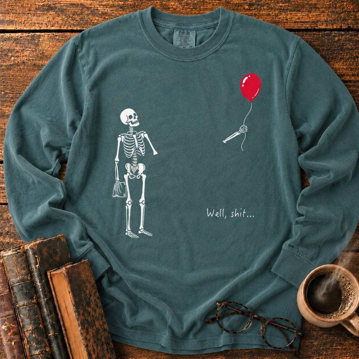 Skeleton With Book And Red Balloon LS T-Shirt in Blue Spruce – BooksThreads