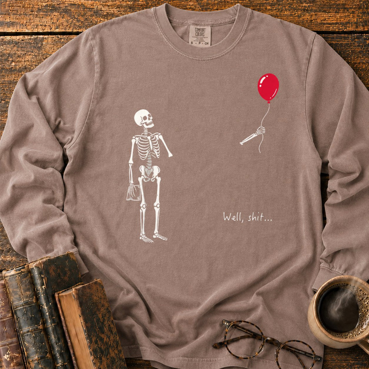 Skeleton With Book And Red Balloon LS T-Shirt in Espresso – BooksThreads