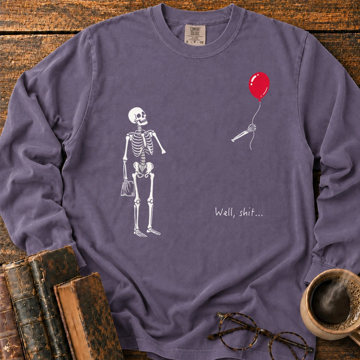 Skeleton With Book And Red Balloon LS T-Shirt in Grape – BooksThreads