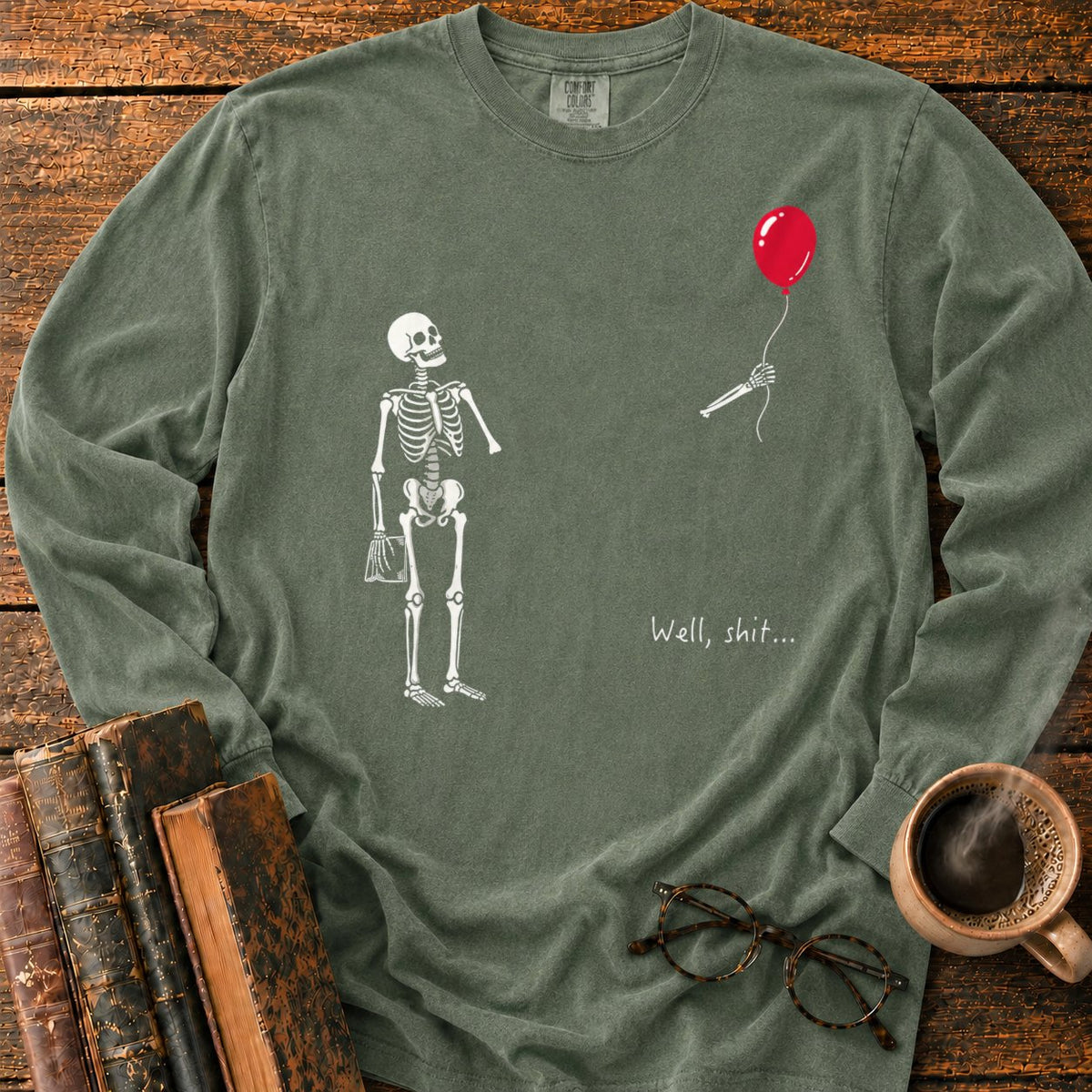 Skeleton With Book And Red Balloon LS T-Shirt in Hemp – BooksThreads