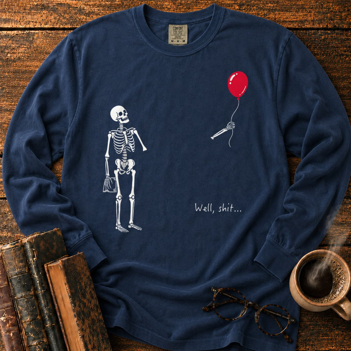 Skeleton With Book And Red Balloon LS T-Shirt in Midnight – BooksThreads