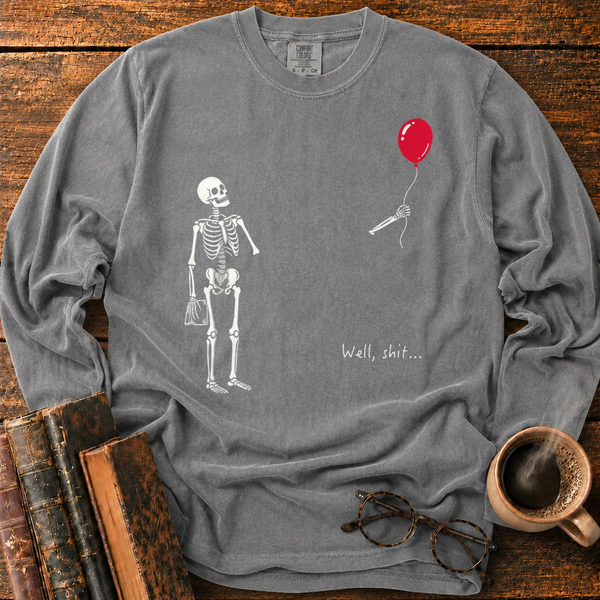 Skeleton With Book And Red Balloon LS T-Shirt in Pepper – BooksThreads