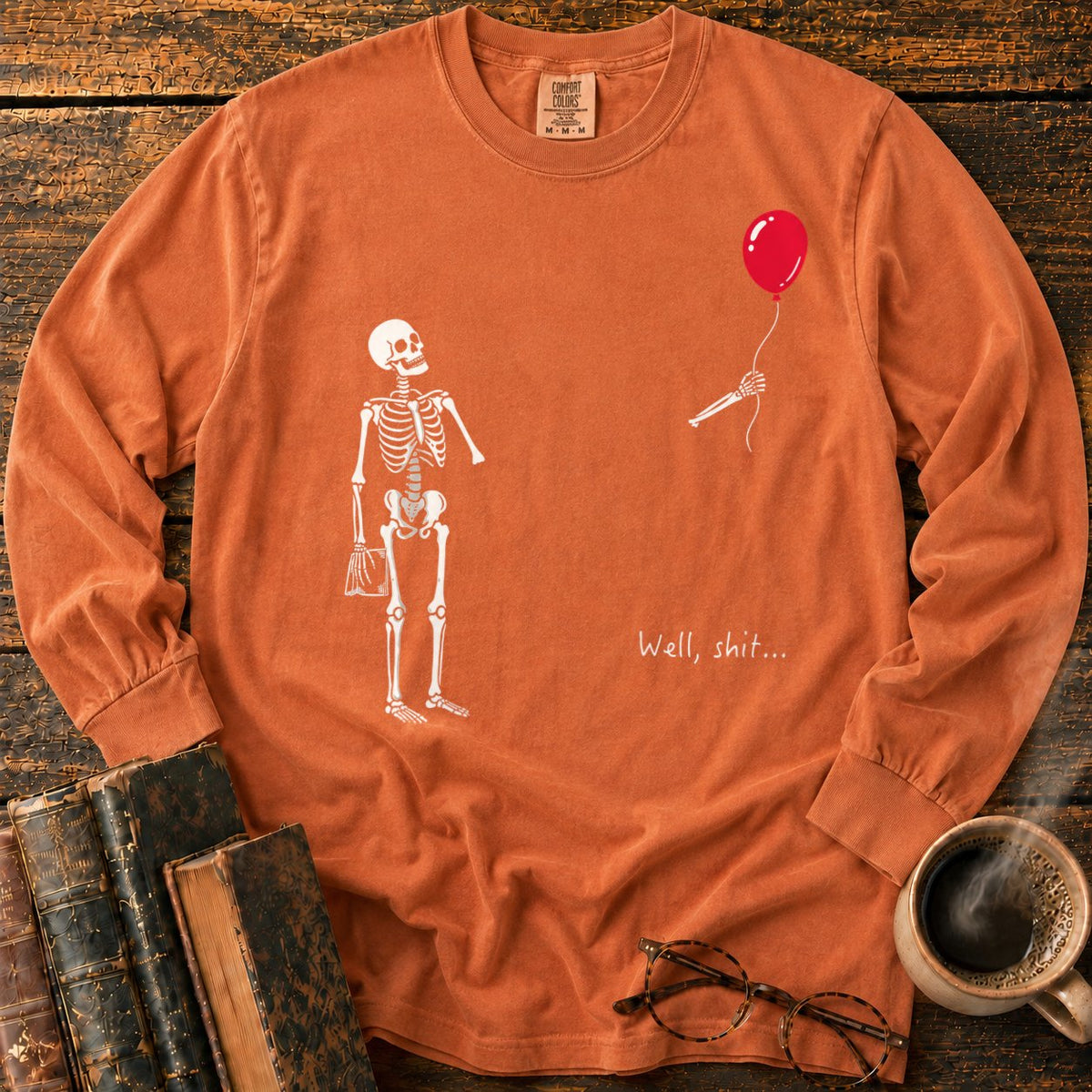 Skeleton With Book And Red Balloon LS T-Shirt in Yam – BooksThreads
