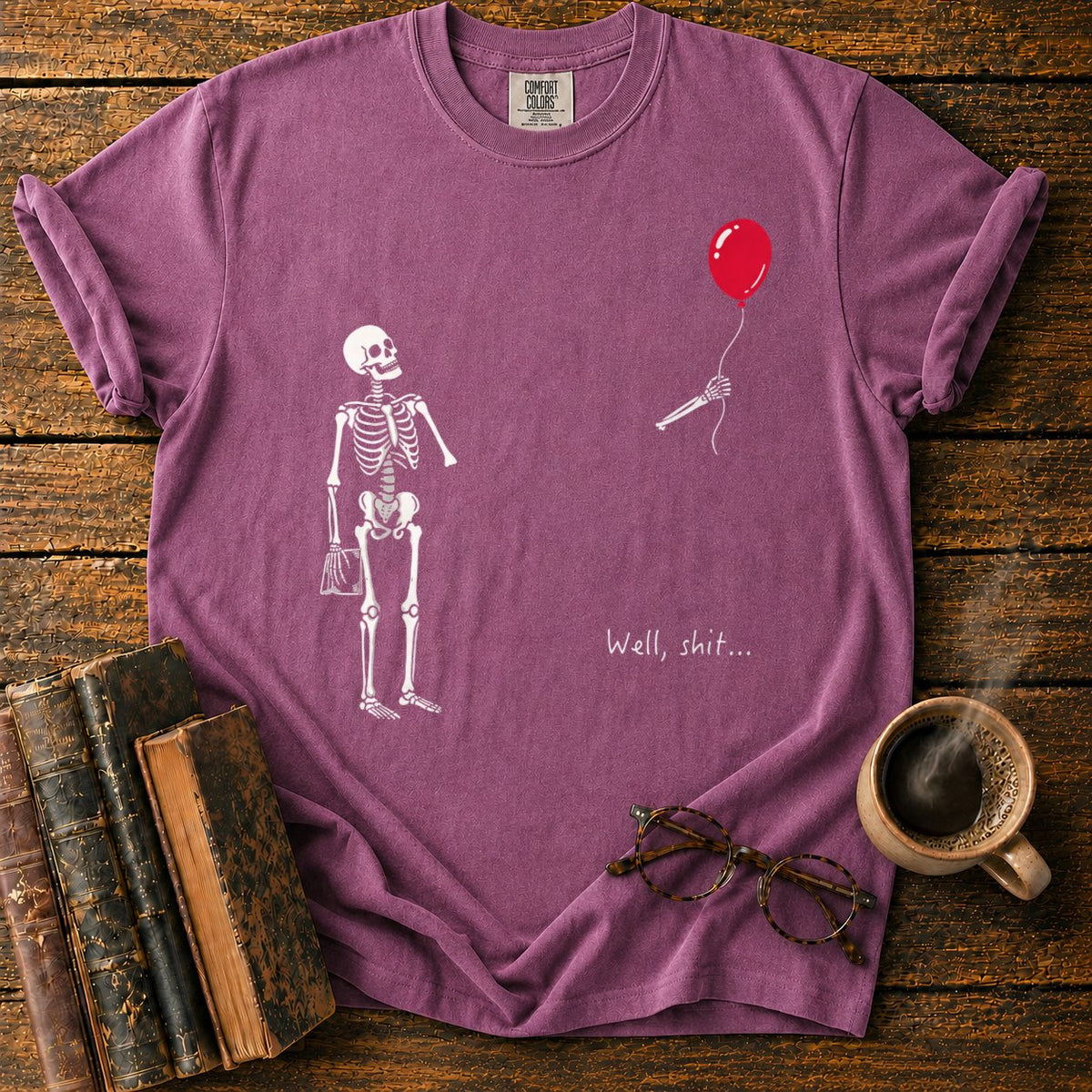 Skeleton With Book And Red Balloon T-Shirt in Berry – BooksThreads
