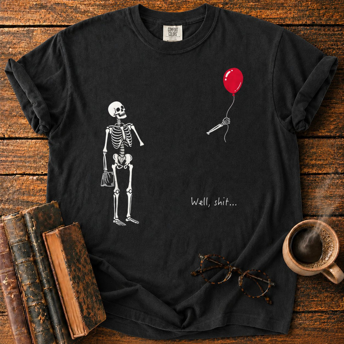 Skeleton With Book And Red Balloon T-Shirt in Black – BooksThreads