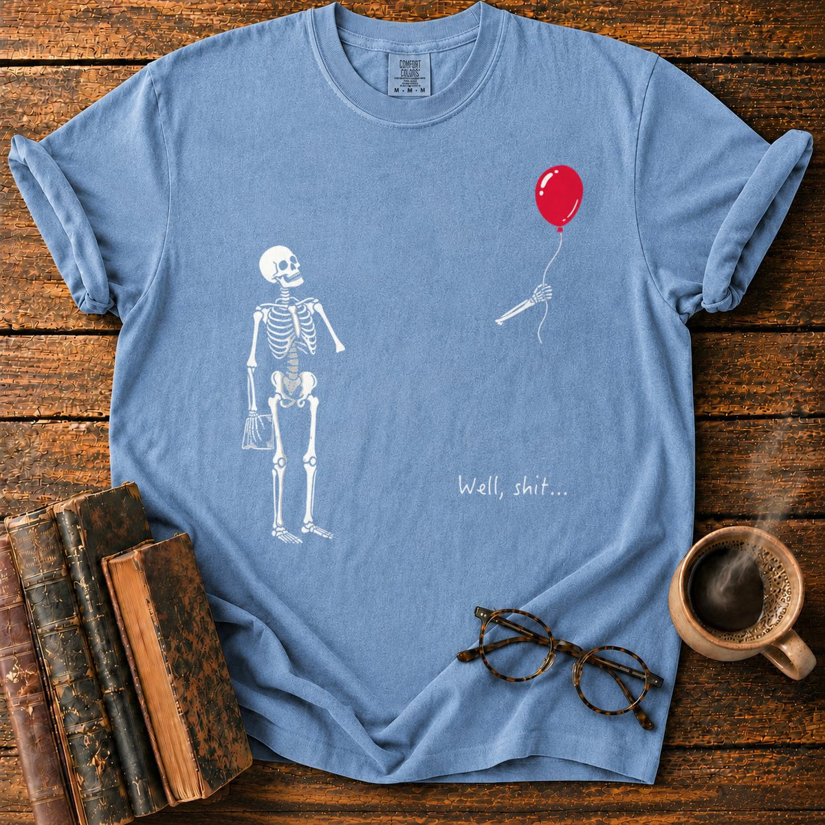 Skeleton With Book And Red Balloon T-Shirt in Blue Jean – BooksThreads