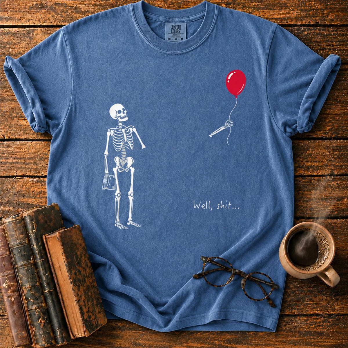 Skeleton With Book And Red Balloon T-Shirt in Denim – BooksThreads
