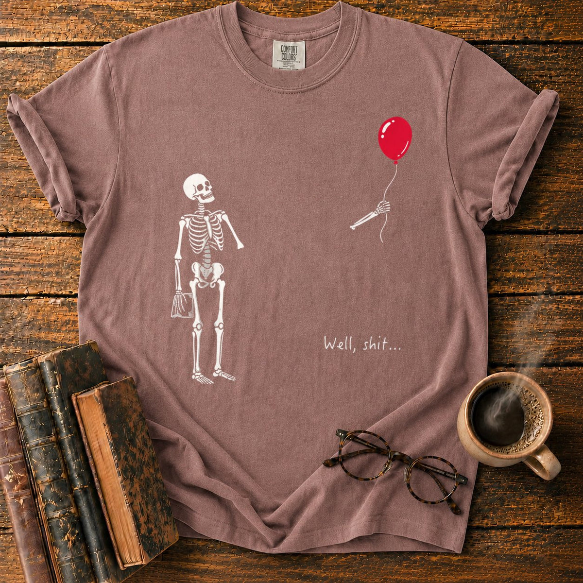 Skeleton With Book And Red Balloon T-Shirt in Espresso – BooksThreads