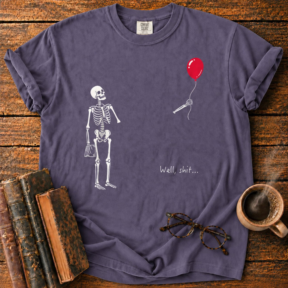 Skeleton With Book And Red Balloon T-Shirt in Grape – BooksThreads