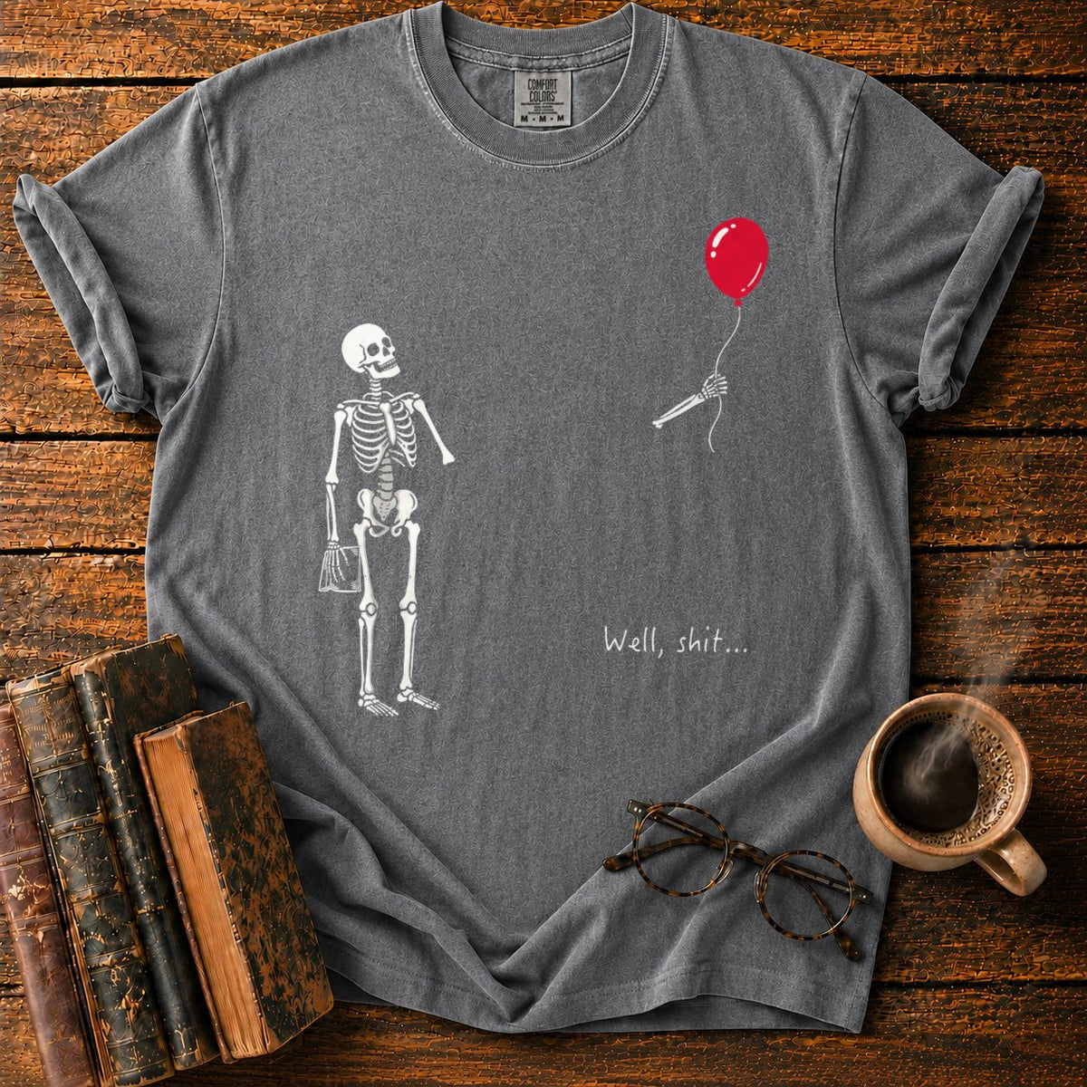 Skeleton With Book And Red Balloon T-Shirt in Pepper – BooksThreads