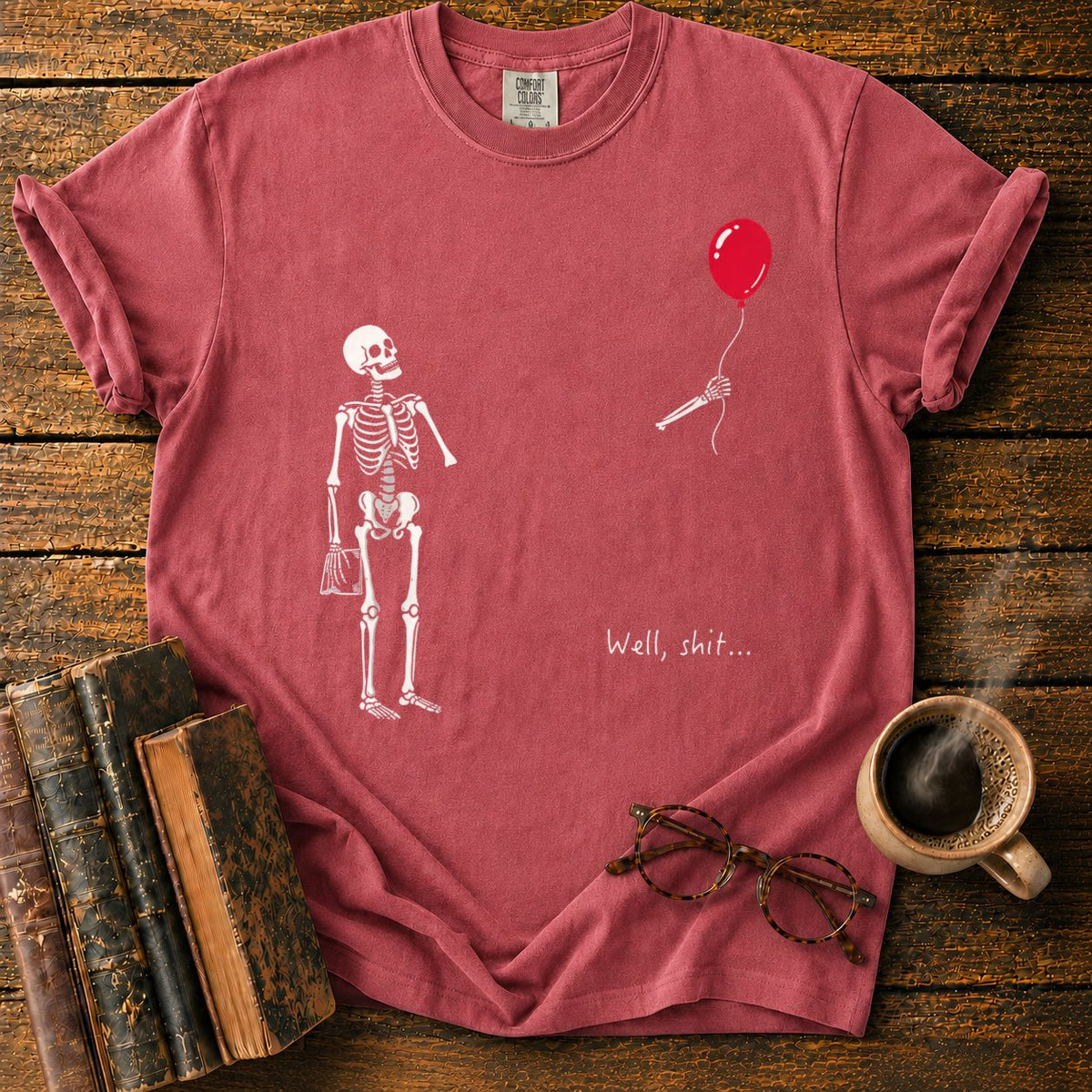 Skeleton With Book And Red Balloon T-Shirt in Watermelon – BooksThreads