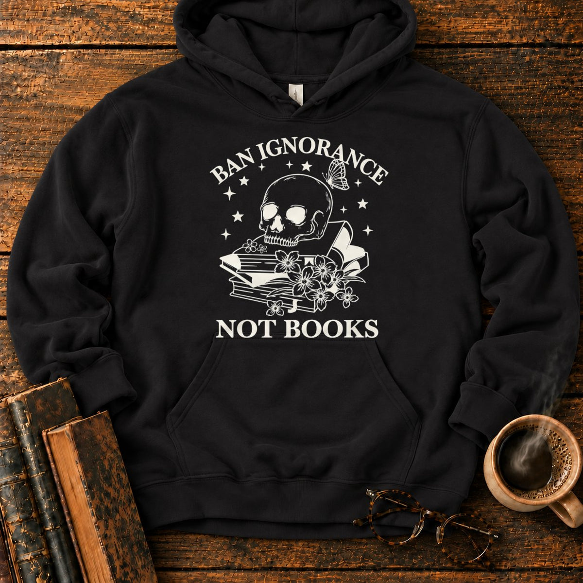 Skull And Wildflowers Atop Books Hoodie in Black – BooksThreads