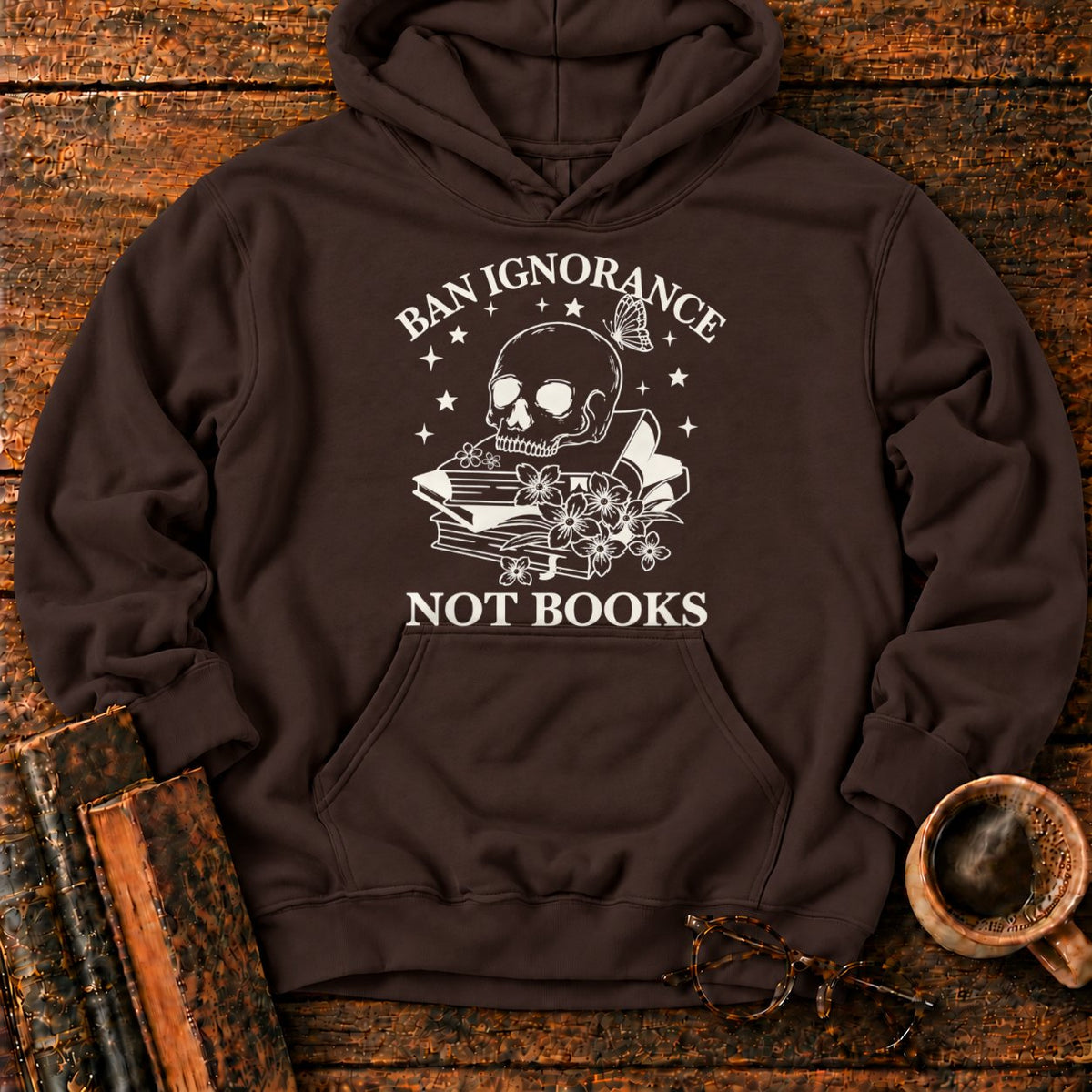 Skull And Wildflowers Atop Books Hoodie in Dark Chocolate – BooksThreads