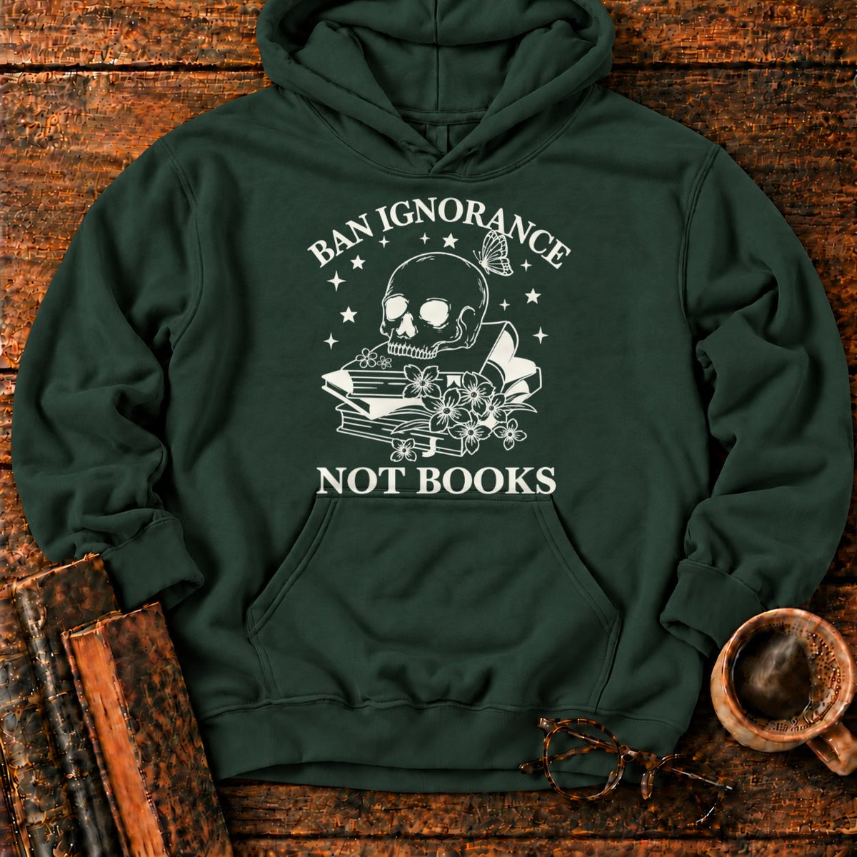 Skull And Wildflowers Atop Books Hoodie in Forest Green – BooksThreads