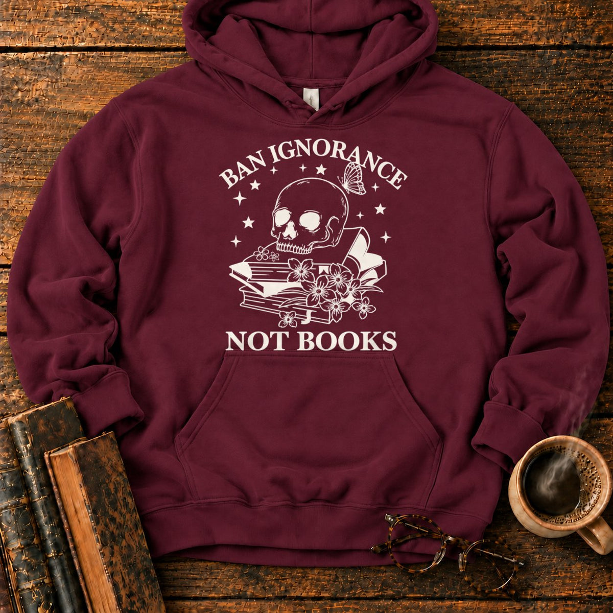Skull And Wildflowers Atop Books Hoodie in Maroon – BooksThreads