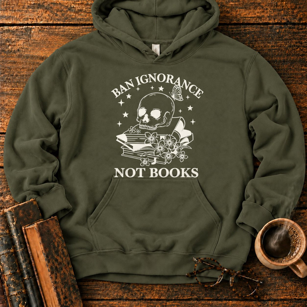 Skull And Wildflowers Atop Books Hoodie in Military Green – BooksThreads