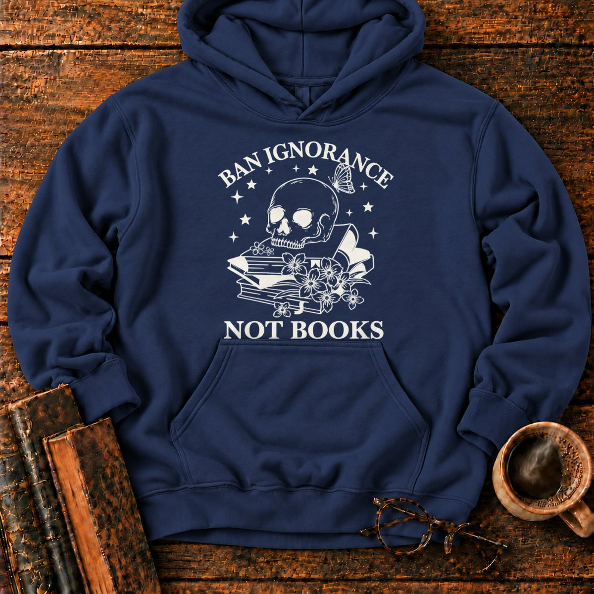 Skull And Wildflowers Atop Books Hoodie in Navy – BooksThreads