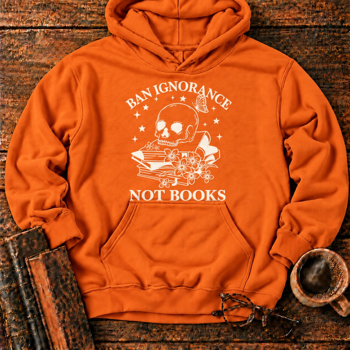 Skull And Wildflowers Atop Books Hoodie in Orange – BooksThreads