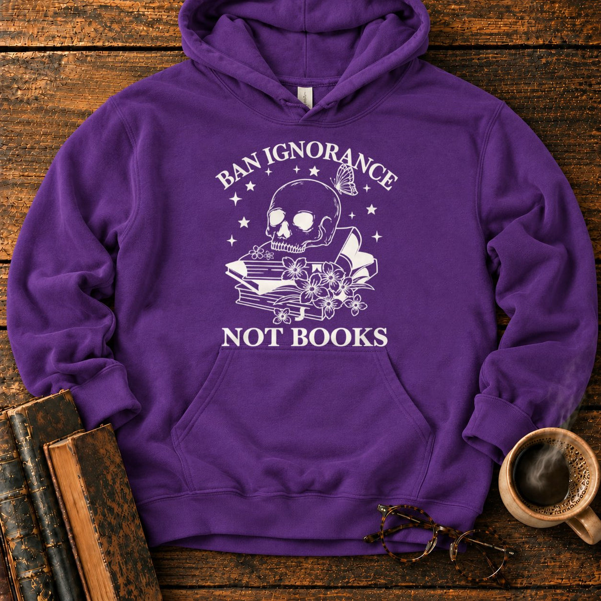 Skull And Wildflowers Atop Books Hoodie in Purple – BooksThreads