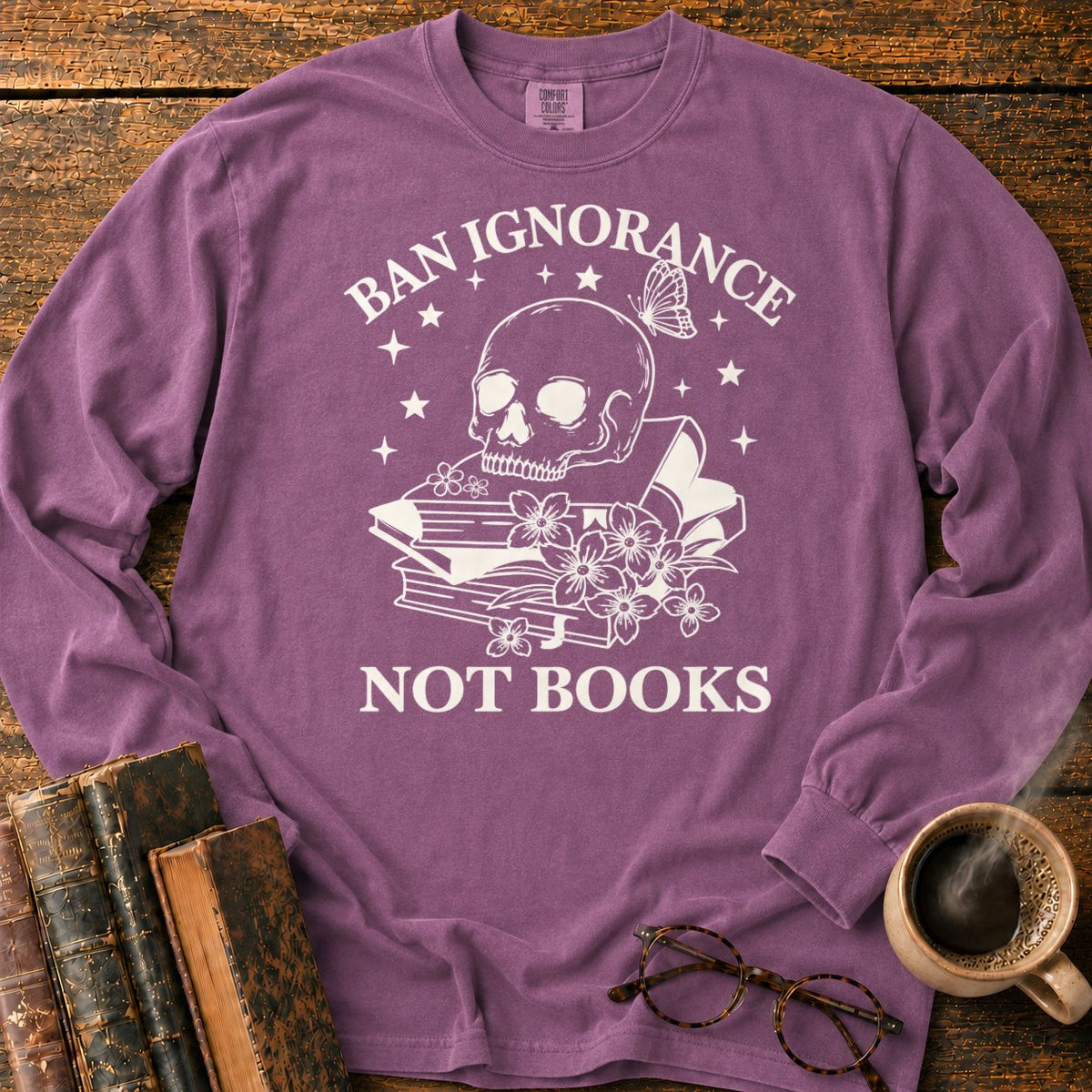 Skull And Wildflowers Atop Books LS T-Shirt in Berry – BooksThreads