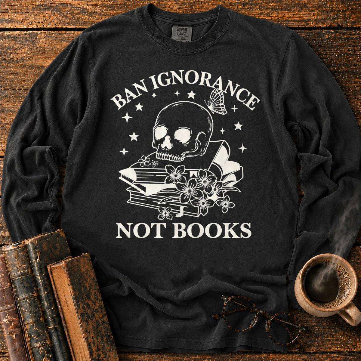 Skull And Wildflowers Atop Books LS T-Shirt in Black – BooksThreads