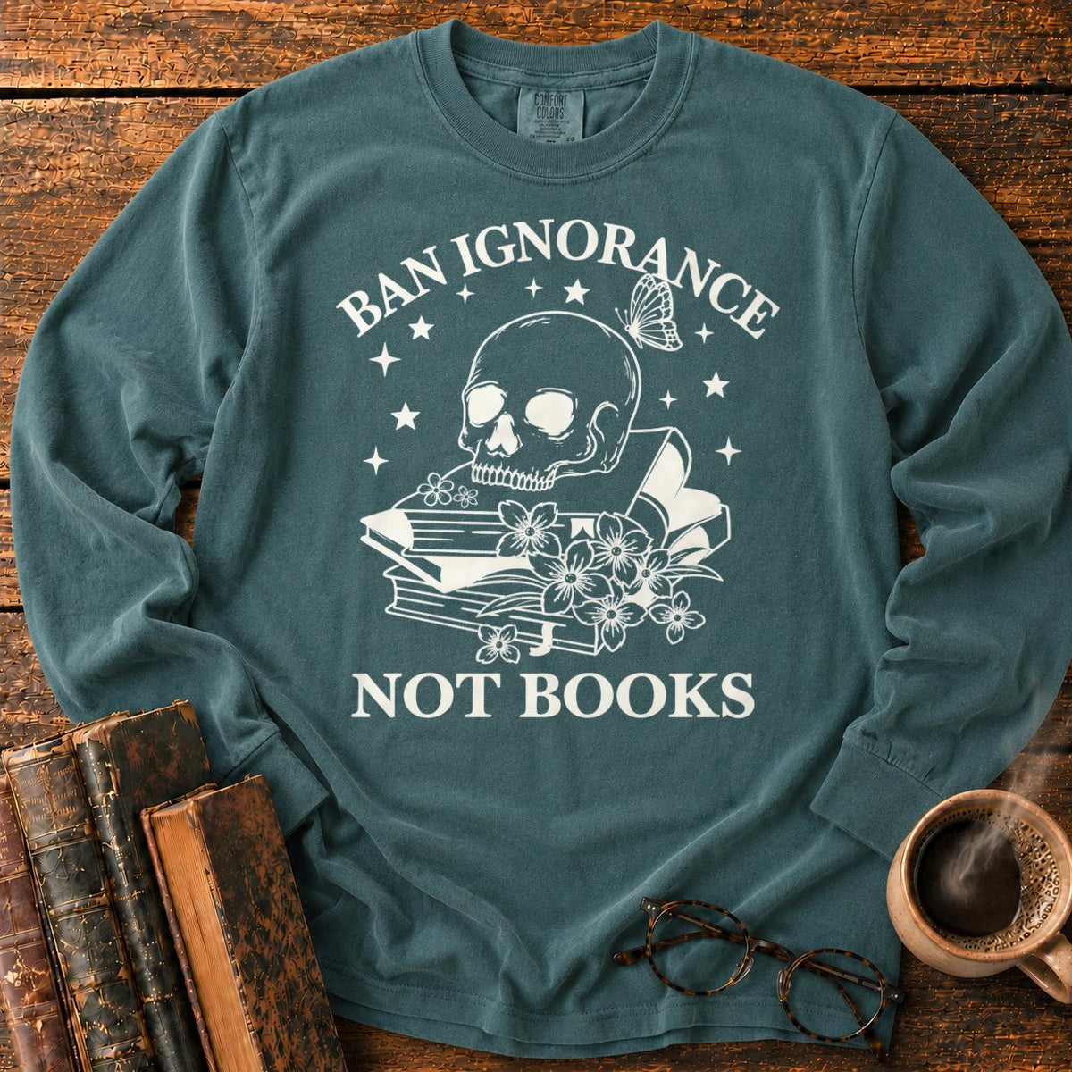 Skull And Wildflowers Atop Books LS T-Shirt in Blue Spruce – BooksThreads