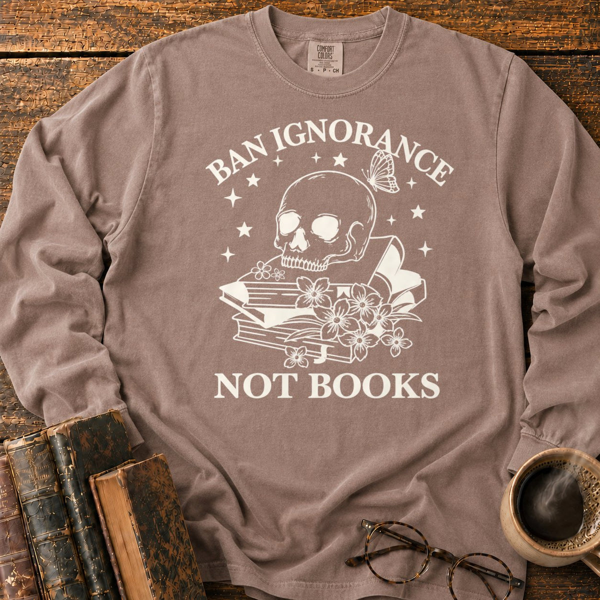 Skull And Wildflowers Atop Books LS T-Shirt in Espresso – BooksThreads