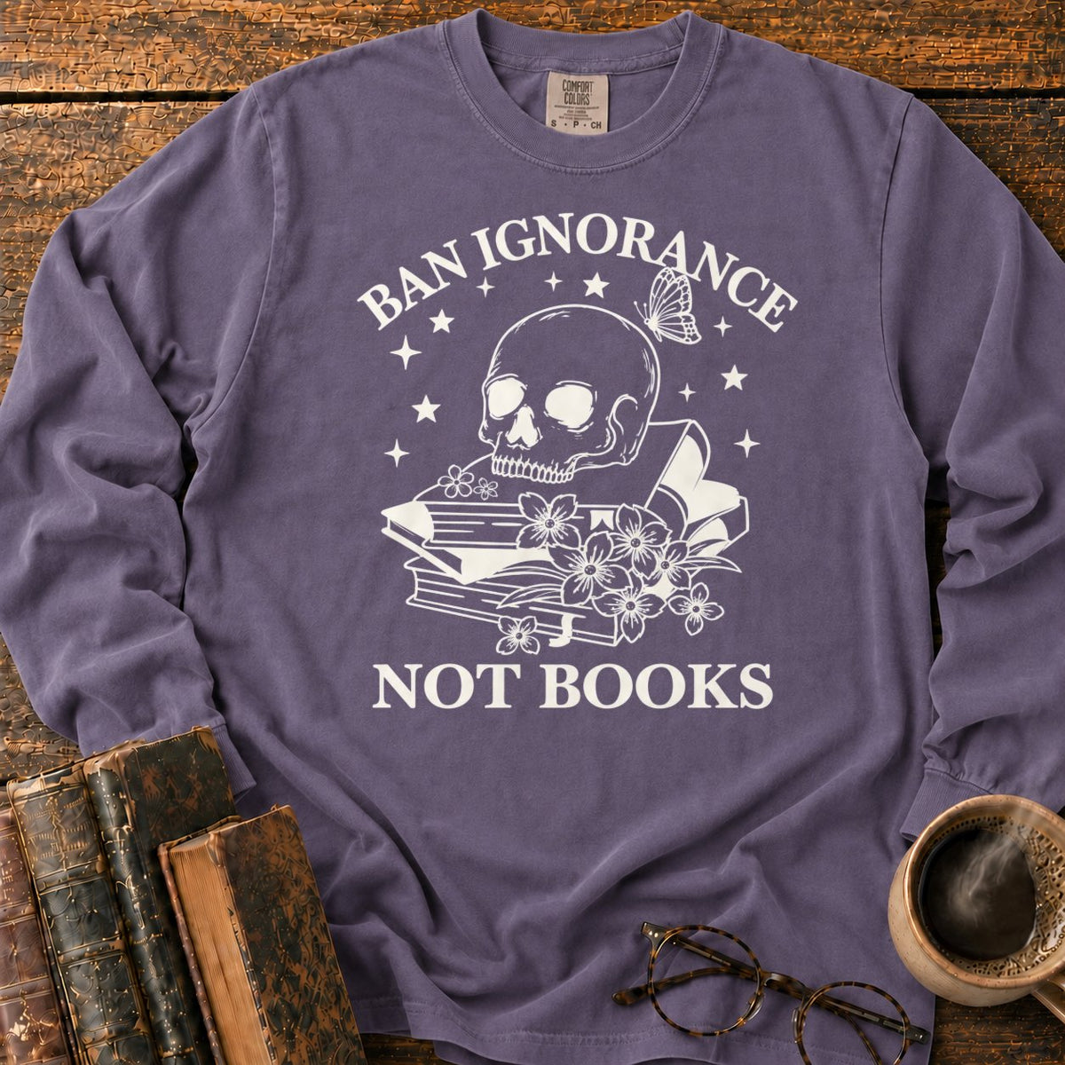 Skull And Wildflowers Atop Books LS T-Shirt in Grape – BooksThreads