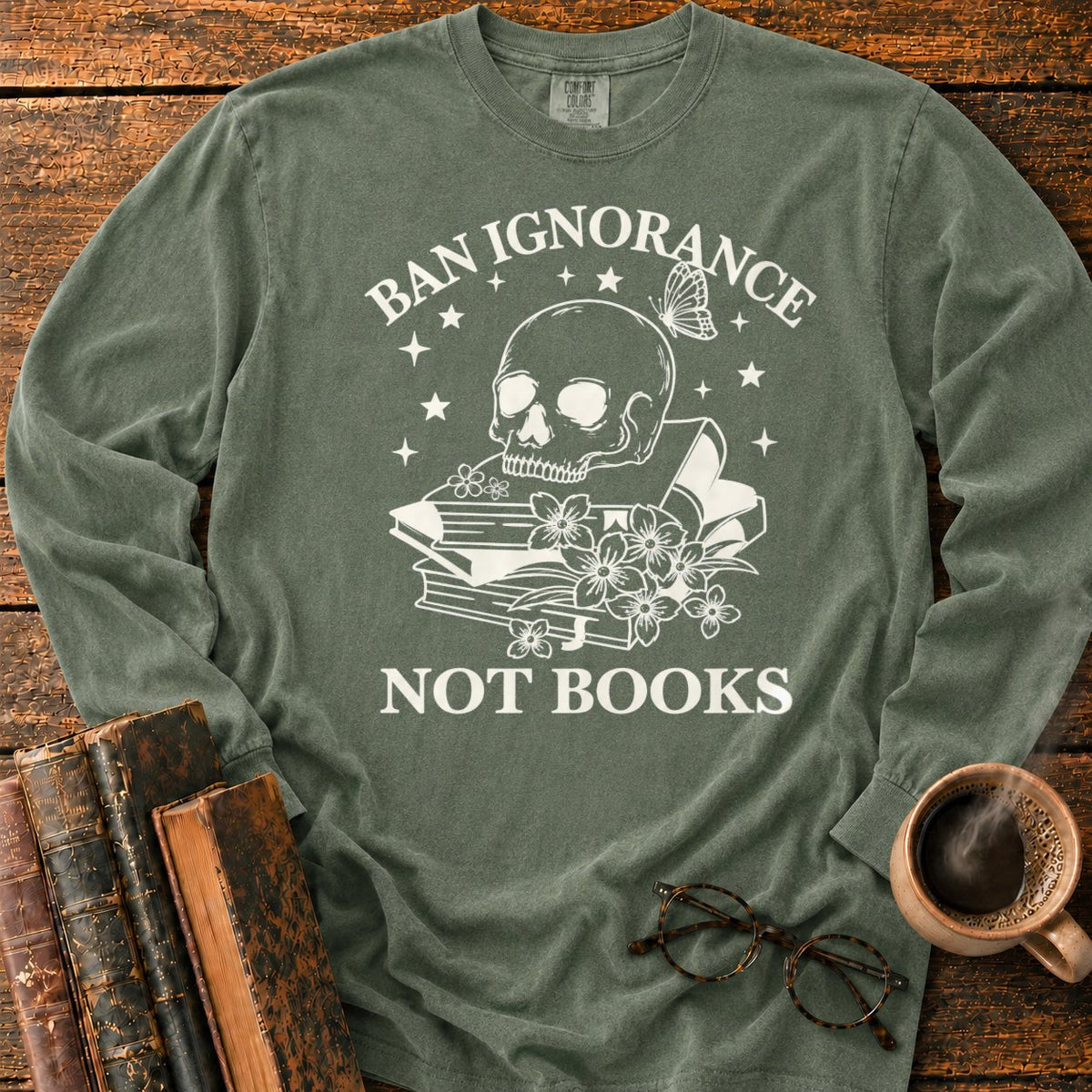 Skull And Wildflowers Atop Books LS T-Shirt in Hemp – BooksThreads